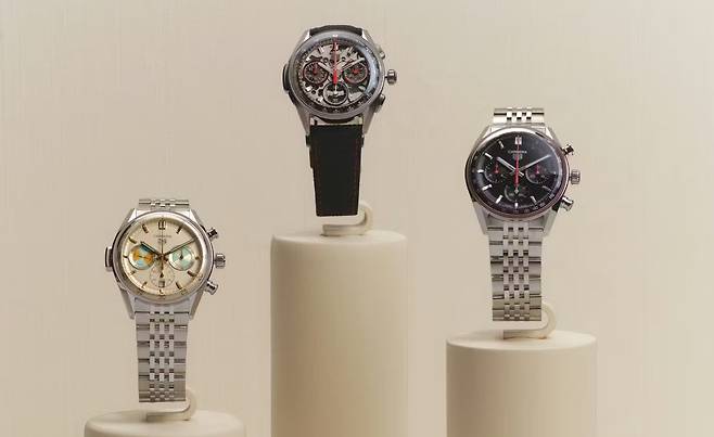 태그호이어는 자신들의 대표 컬렉션이자 레이싱 정신을 담은 까레라를 통해 여러 종류의 크로노그래프 모델을 출품했다. 자체 제작 무브먼트의 우수성을 알리는 데 초점을 뒀다. 사진 LVMH