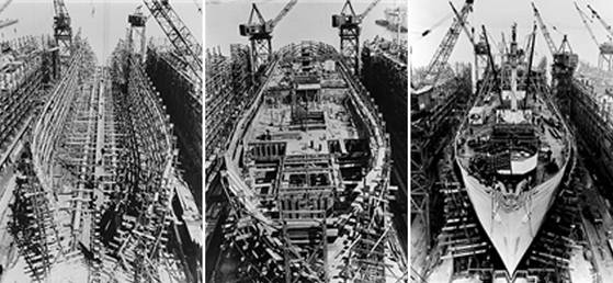 2차 세계대전 중 활약한 미 수송함(리버티선)의 건조 과정. 선박 전체를 몇 개의 블록으로 나눠 이를 조립해 나가는 방식으로 만들어, 건조 시간을 획기적으로 줄인 것으로 유명하다. [사진 미 전쟁정보국]