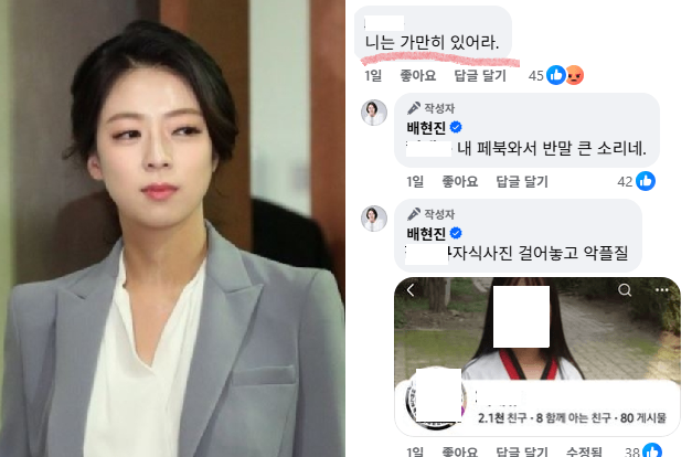 배현진 의원과 페이스북에 남긴 댓글. [연합·온라인 커뮤니티 갈무리]