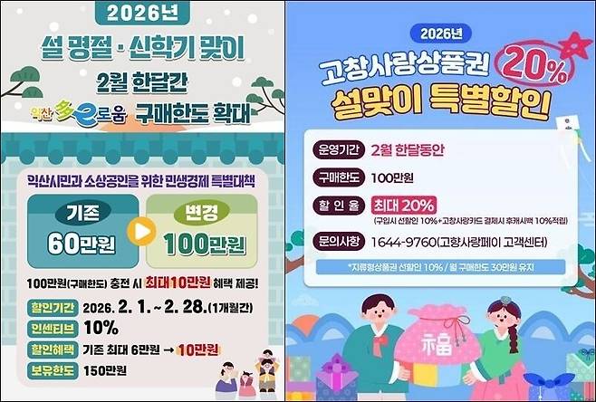 전북 익산(왼쪽)과 고창의 지역사랑상품권 구매한도 확대와 특별할인 안내 포스터.