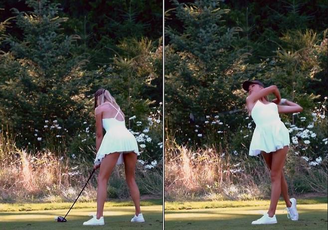 미국에서 활동 중인 여성 골프 인플루언서 클레어 호글이 2022년 10월 7일 인스타그램에 공개한 골프 플레이 영상 캡처. 짧은 골프웨어를 둘러싼 논쟁이 온라인에서 확산된 사례로 거론된다. 클레어 호글 인스타그램 캡처