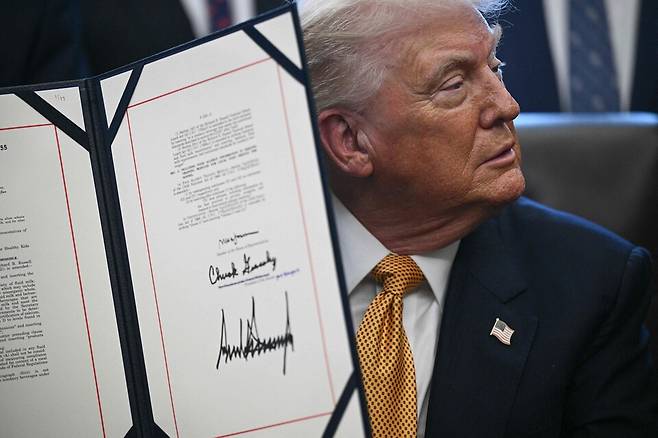 도널드 트럼프 미국 대통령이 1월14일(현지시간) 워싱턴 DC 백악관 집무실에서 서명한 행정명령을 들어보이고 있다. ⓒAFP=연합뉴스