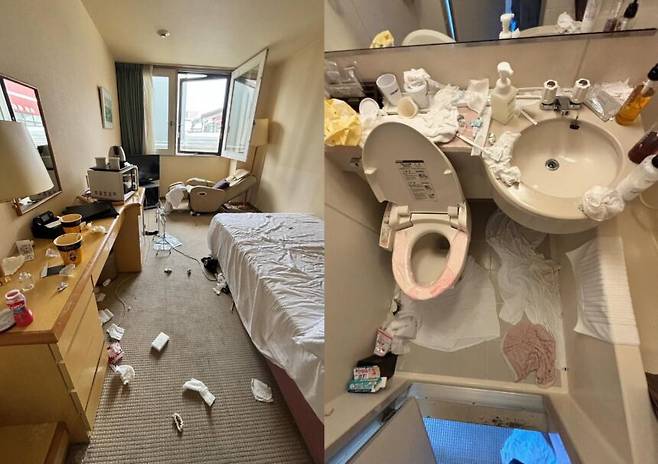 중국인 관광객 퇴실 이후 엉망이 된 삿포로의 한 게스트하우스 객실./스레드 캡쳐
