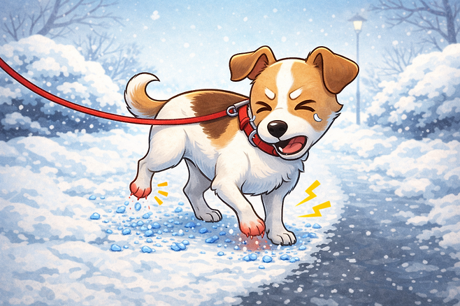 제설제 속 염화칼슘 성분으로 반려견이 발바닥에 화상을 입을 수 있다는 속설은 사실이 아니다. 다만, 고농도 염분에 의한 화학적 자극과 섭취에 따른 2차 피해는 주의해야 한다. 산책 전후 발바닥 세척과 안구 보호가 필수적이다. 챗GPT로 생성한 사진.