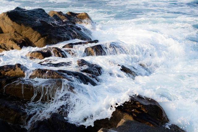 강원 강릉시 아들바위공원 갯바위에 파도가 부딪혀 부서지고 있다.