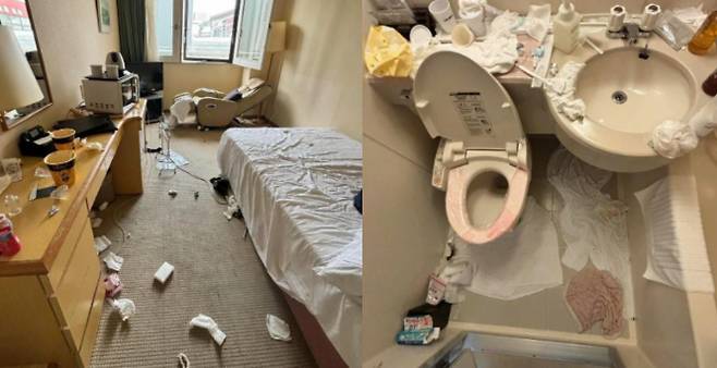 중국인 여성 두 명이 일본 삿포로 한 호텔에 숙박한 후 객실을 엉망으로 만들어 놓은 모습이 SNS를 통해 공개됐다. 사진은 일본 삿포로 한 게스트하우스 직원 A씨가 중국인 투숙객들이 퇴실한 객실을 공개한 모습. /사진=마더십 홈페이지 캡처