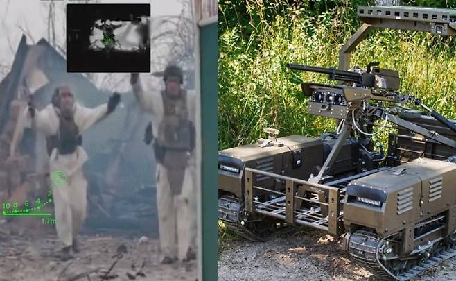 전투 로봇에 항복하는 러시아 병사들과  TW-7.62. 영상 캡처