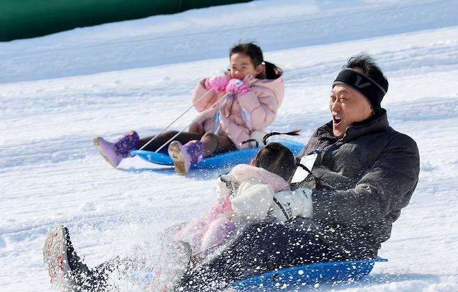 경북매일신문이 주최·주관하고 경주시와 경주월드가 후원한 ‘2026 경북 가족사랑 눈썰매 축제’가 29일 경주월드에서 열렸다. 행사에 참여한 가족들이 눈썰매를 타고 질주하고 있다. /이용선기자 photoid@kbmaeil.com