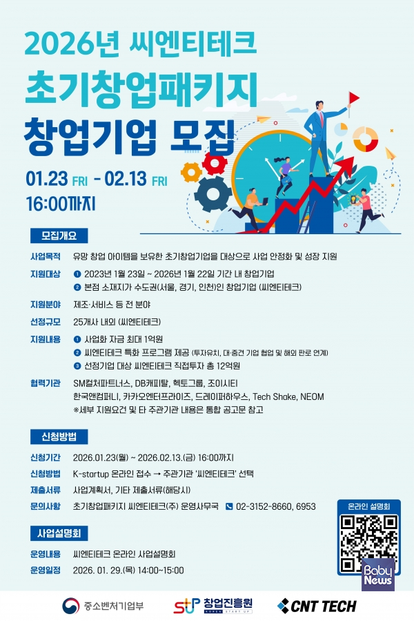씨엔티테크, 2026년 초기창업패키지 유망 창업기업 모집. ⓒ씨엔티테크