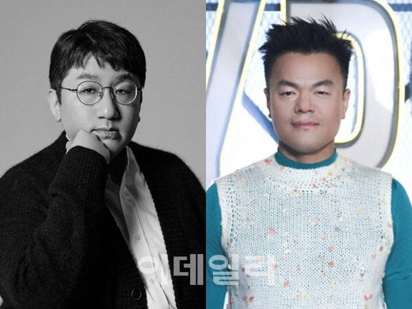 방시혁 하이브 의장(왼쪽), 박진영 JYP엔터테인먼트 설립자 겸 CCO(사진=하이브, JYP엔터테인먼트)
