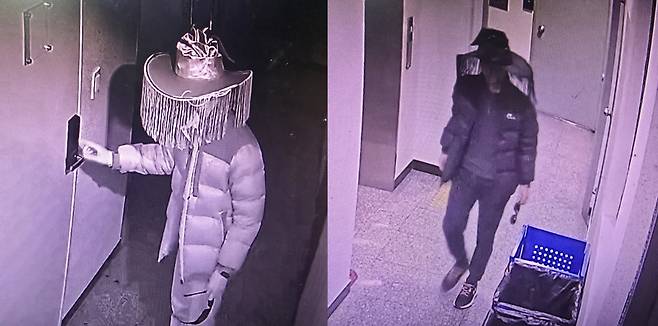 패딩을 입고 갓 모양의 모자를 착용한 남성이 건물 내부에 침입하는 장면이 CCTV에 담겼다. 스레드 갈무리