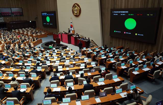 29일 국회에서 열린 본회의에서 다수의 법안들이 통과되고 있다.  [연합뉴스]
