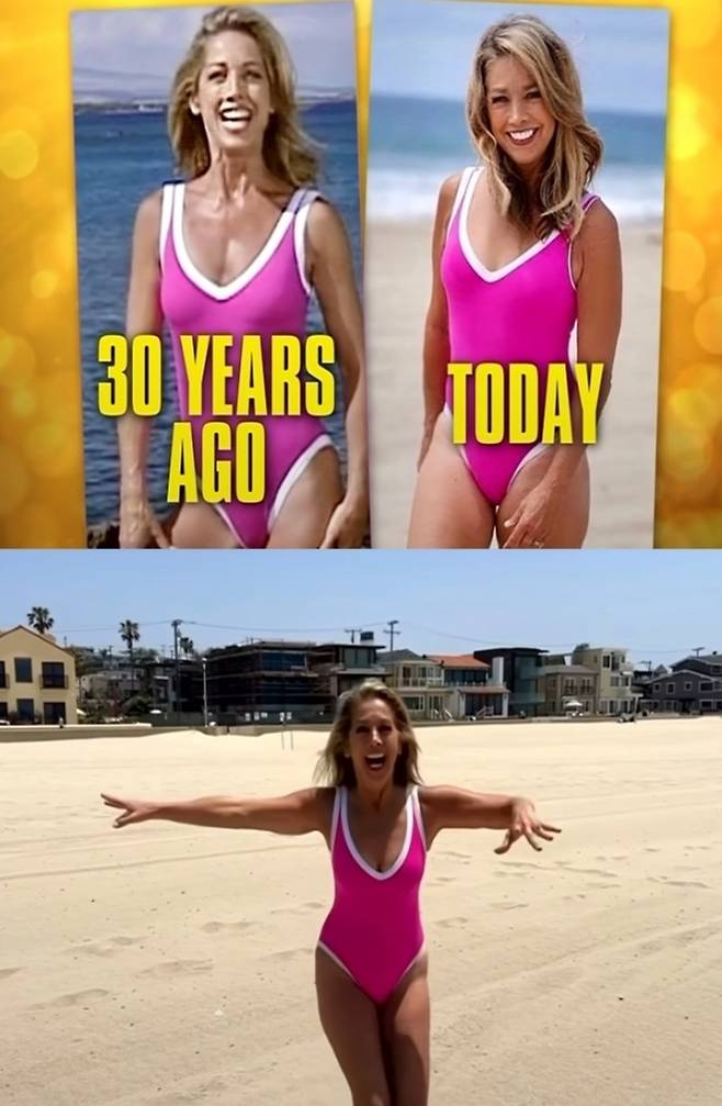 미국의 피트니스 전문가 데니스 오스틴이 2023년 5월 인스타그램 1990년대에 본인이 입었던 분홍색 수영복 모습을 공개했다. 30년 전(윗 사진에서 왼쪽), 현재 모습(윗 사진에서 오른쪽과 아래 사진). 데니스 오스틴 인스타그램 캡처