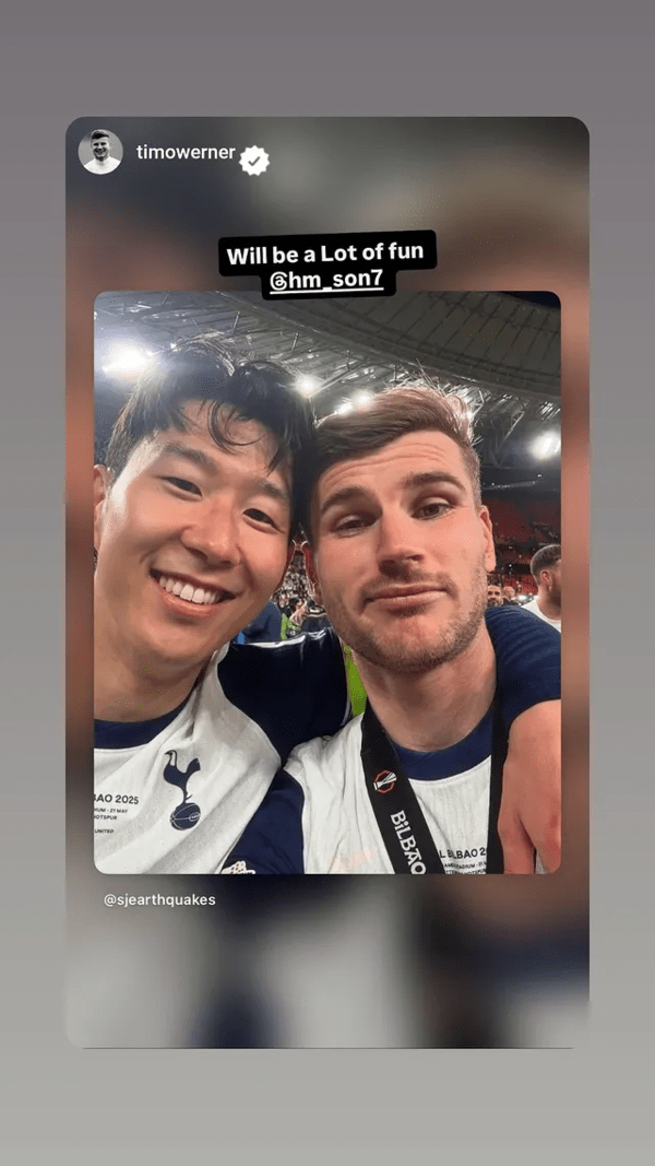 토트넘 홋스퍼 시절 동료 사이였던 손흥민과 티모 베르너. /사진=베르너 SNS