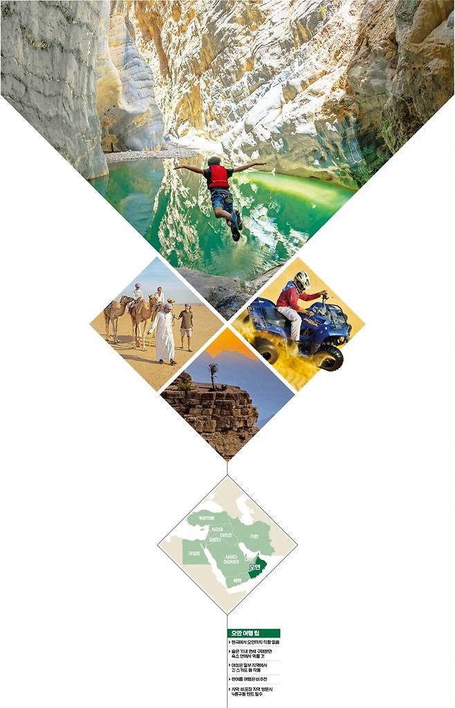 (1) 뱀처럼 구불구불한 협곡 사이 계곡을 자랑하는 다킬리야주의 스네이크 캐니언.
(2) 사막 투어를 신청하면 4륜구동 자동차로 듄 배싱이나 ATV 체험이 가능하다.
(3) 자벨샴스 트레킹 코스에선 오렌지빛 석양을 마주할 수 있다.
(4) 베두인들과 함께 낙타를 타는 체험을 할 수 있는 와히바 사막. /주한오만대사관 제공