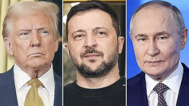U.S. President Donald Trump, left, Ukraine's President Volodymyr Zelenskyy, center, and Russian President Vladimir Putin [AP/YONHAP]