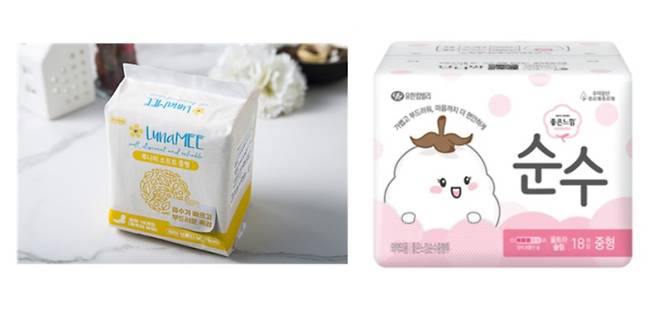 쿠팡이 가격 인하를 단행한 PB 생리대 브랜드 ‘루나미’와, 유한킴벌리의 중저가 제품 ‘좋은느낌 순수’ 이미지. 쿠팡·유한킴벌리 제공