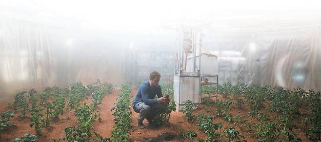 화성에 홀로 남겨진 뒤 살아남기 위한 식량인 감자를 키우는 우주비행사 마크 와트니(맷 데이먼 분)를 그린 영화 ‘마션’의 한 장면. [20세기폭스코리아]