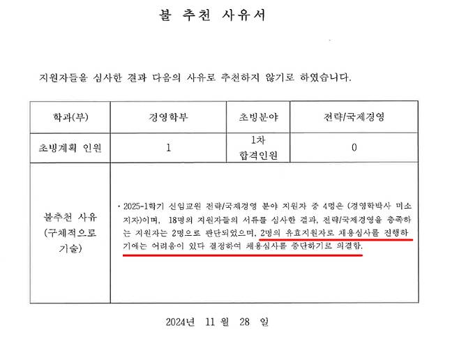 인천대학교가 2024년 11월 채용 심사를 중단하기로 의결하면서 작성한 '불추천 사유서'. 더불어민주당 진선미 의원실 제공