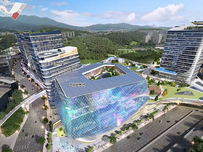 ▲성남 백현마이스 도시개발사업의 핵심이 될 전시컨벤션과 공공지원시설의 모습이 담긴 조감도. /사진제공=성남시