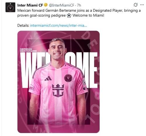 메시의 마이애미 유니폼 입은 멕시코 공격수 베르테라메…손흥민과 MLS 개막전 맞대결