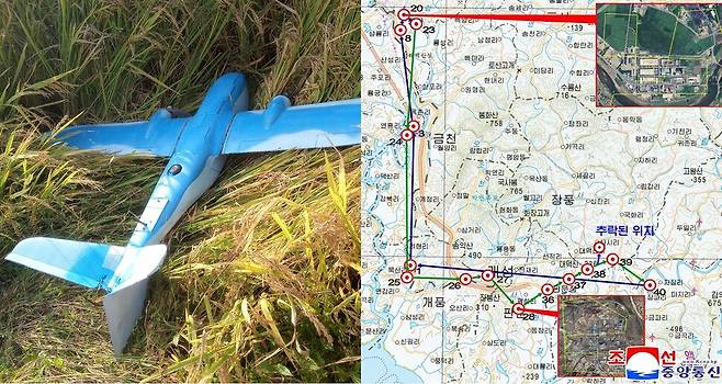 북한이 ‘2025년 9월과 2026년 1월4일 한국이 침투시킨 무인기를 격추했다’고 2026년 1월10일 밝혔다. 왼쪽 사진은 북한이 개성시 장풍군에 추락했다고 밝힌 한국 무인기이고, 오른쪽 사진은 북한이 공개한 한국 무인기의 비행경로다. 연합뉴스