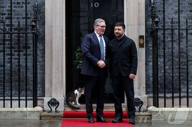 작년 12월 8일 키어 스타머 영국 총리와 볼로디미르 젤렌스키 우크라이나 대통령의 영국 총리 관저 회담 당시 모습을 드러낸 고양이 래리. 2025.12.08 ⓒ 로이터=뉴스1 ⓒ News1 이지예 객원기자