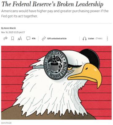 2025년 11월 16일 케빈 워시가 월스트리트저널에 기고한 'Fed의 망가진 리더십' 제하의 칼럼 캡처.