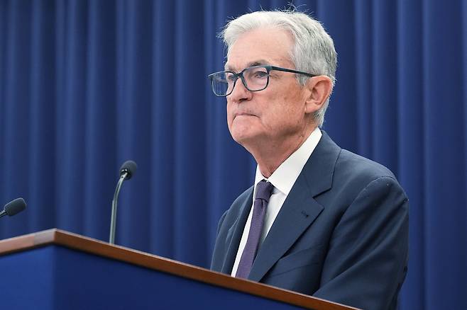 Federal Reserve Chair Jerome Powell speaks during a news conference at the Federal Reserve Board Building in Washington on Jan. 28. [AP/YONHAP]