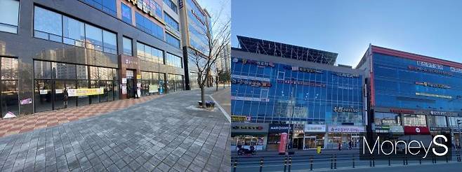 대구혁신도시 내 주거지역 간 불균형이 심각하다. 왼쪽 사진의 주거지역은 상가들이 텅 빈 반면, 공실이 거의 없는 곳도 있다. /사진=최성원 기자