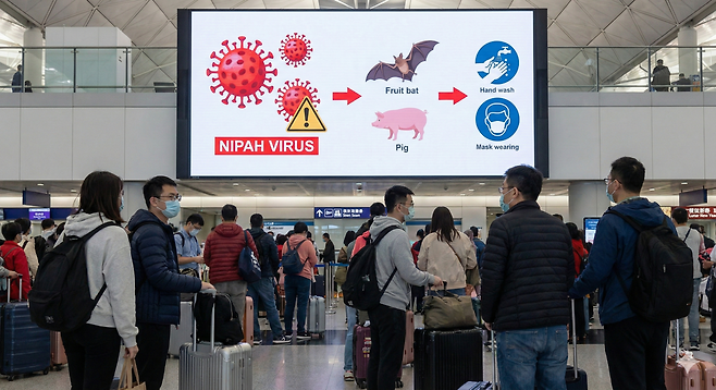 '니파 바이러스' 공포…설 명절 동남아 여행 비상, 니파 바이러스 확산에 증상·치료제 등 촉각(출처=제미나이 나노바나나 AI 기반 편집 이미지)