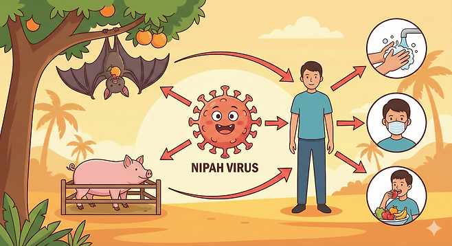 '니파 바이러스' 공포…설 명절 동남아 여행 비상, 니파 바이러스 확산에 증상·치료제 등 촉각(출처=제미나이 나노바나나 AI 기반 편집 이미지)