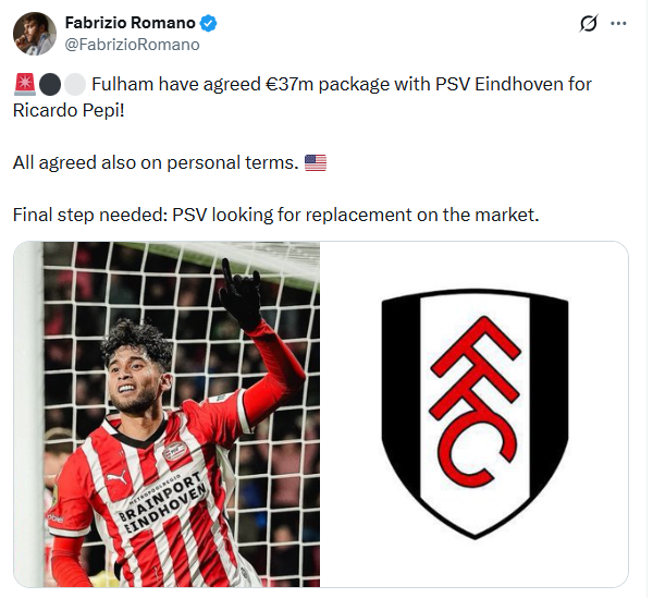 2일 풀럼의 PSV 리카르도 페피에 대한 이적 합의 소식을 전한 로마노 기자. 사진=로마노 SNS