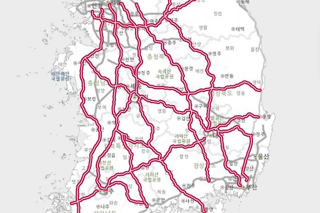 2일 오전 기준 기상청 도로기상정보시스템의 '도로 살얼음 발생가능 정보' 현황. 총 4단계 중 가장 높은 위험 수준을 보이고 있다. [기상청]
