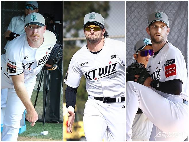 KT의 새 외국인 선수 맷 사우어, 샘 힐리어드, 케일럽 보쉴리(왼쪽부터)가 남다른 케미스트리를 보이고 있다. 사진제공|KT 위즈