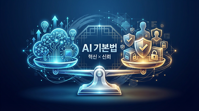 한국의 AI 기본법은 지난달 22일(1월 22일) 시행됐다. 이는 혁신 촉진과 신뢰 확보를 동시에 겨냥한다. 문제는 이 ‘동시 달성’이 실제 현장에서는 비용과 절차를 늘릴 수 있다는 점이다. (이미지=젠스파크로 생성)