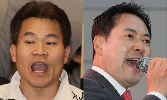 3일 인천국제공항을 통해 입국한 뒤 기자회견을 하고 있는 극우 성향 전직 한국사 강사 전한길(왼쪽)씨와 2025년 11월28일 대구 중구 동성로에서 열린 민생회복 법치수호 국민대회에서 발언하고 있는 장동혁 국민의힘 대표. 최현수 기자 emd@hani.co.kr, 연합뉴스