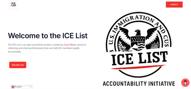 미국 이민세관단속국(ICE) 요원들의 신상 정보를 공개하고 있는 웹사이트 'ICE 리스트'. ICE LIST 홈페이지 캡처