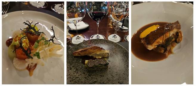 왼쪽부터 유자미소된장 소스의 송어, 자연방목한 오골계 요리, 도미와 홍합으로 맛을 낸 부야베스(사진=정상미)