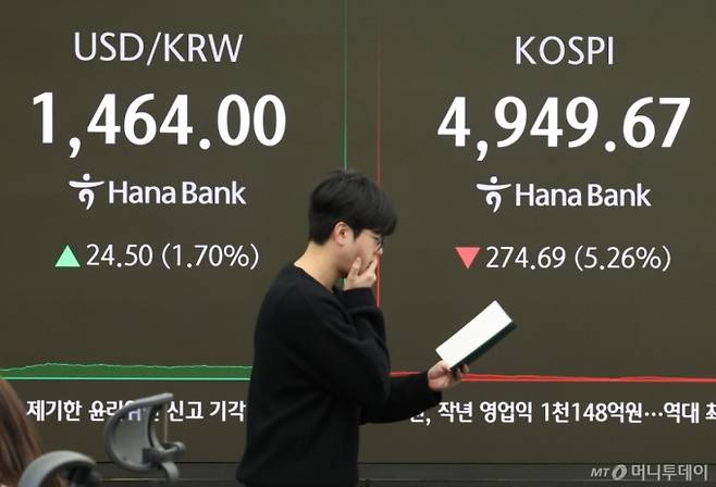 장중 올해 첫 매도 사이드카가 발동되는 등 코스피가 급락한 2일 오후 서울 중구 하나은행 딜링룸 전광판에 코스피가 전 거래일 보다 274.69 포인트(5.26%) 내린 4949.76 포인트를 나타내고 있다. 원달러 환율은 24.50원(1.70%) 오른 1464.00원. /사진=뉴시스