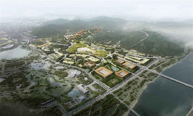 대통령 세종 집무실(좌측 상단 원수산 아래 구역)을 포함한 국가상징구역 마스터플랜 최종 당선작. 사진=행복청 제공.