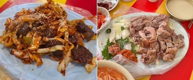 지난해 벚꽃축제에서 판매된 순대 6개가 든 2만5000원짜리 순대볶음(왼쪽)과 4만원짜리 바베큐. 사진=온라인 커뮤니티