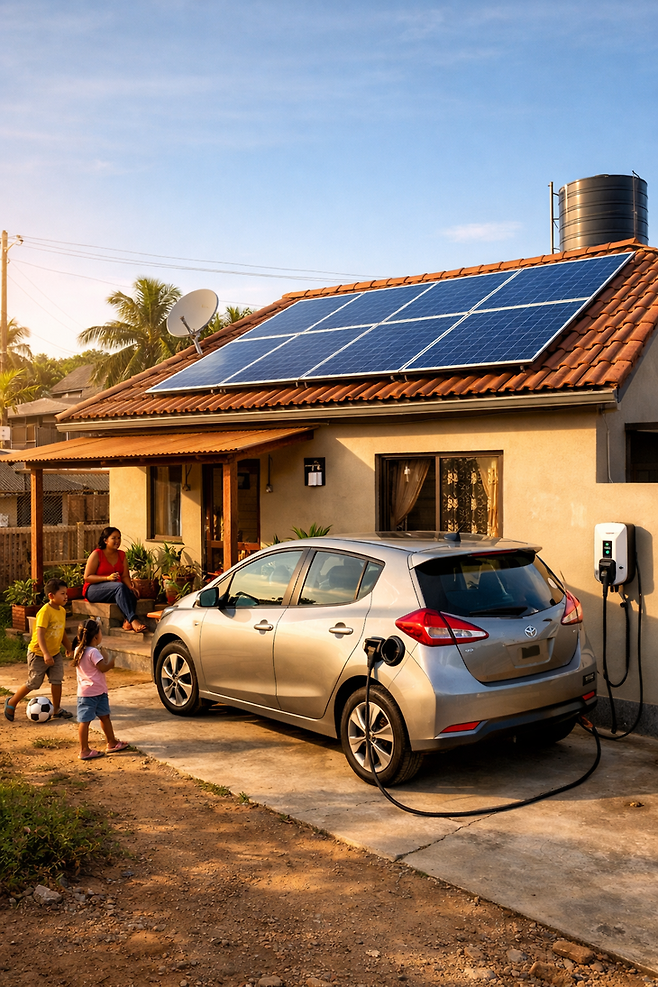 ▲개인 주택에 설치된 태양광 패널로 생산한 전기로 전기자동차를 충전하는 개념도. (챗GPT 이미지)