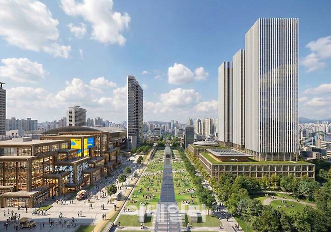 강남권 광역복합환승센터(GITC) 등 지하공간 복합개발로 바뀌는 강남구 삼성동 영동대로 일대 조감도. 좌측 건물이 리뉴얼 공사를 마친 코엑스(COEX), 우측 3개 동이 현대차그룹의 GBC(글로벌 비즈니스 센터). (사진=한국무역협회)