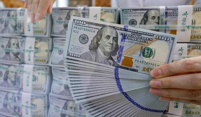 서울 중구 하나은행 명동점 위변조대응센터에서 직원이 달러화를 정리하고 있다. /뉴스1