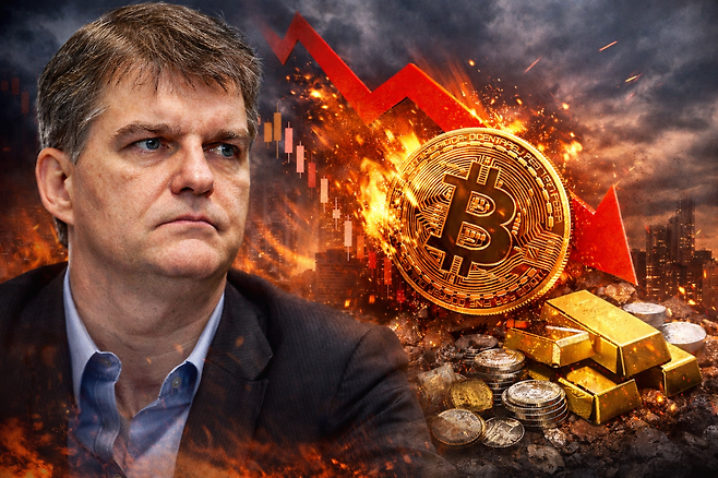 비트코인 급락과 금융시장 불안을 상징적으로 표현한 그래픽 이미지. 붉은 하락 곡선과 가상자산 아이콘, 귀금속 이미지가 겹쳐지며 암호화폐와 전통 자산 간 연쇄 충격 가능성을 시각화했다. 챗 GPT 생성 이미지