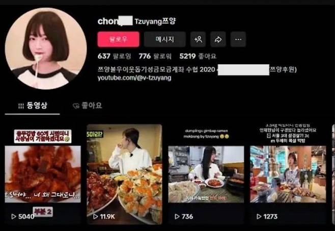 쯔양을 사칭한 틱톡 계정. 사진=유튜브