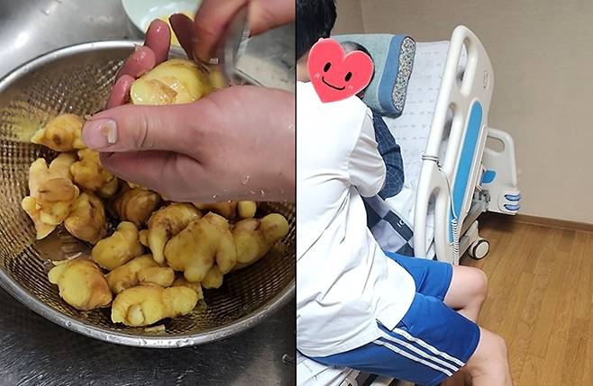 Cho Bum-hee prepares ginger (left) to make tea for his mother (right). (Cho Bum-hee )