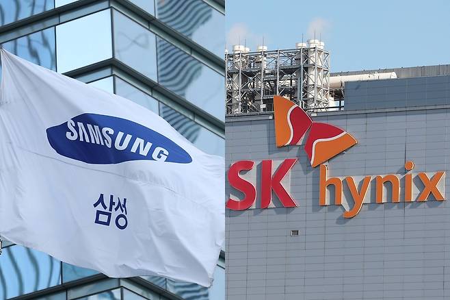 This composite image shows a Samsung logo flag hanging outside the company's office building in southern Seoul (left) and the SK hynix logo on the company's headquarters in Icheon, Gyeonggi Province. (Yonhap)