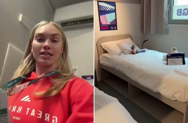 2026년 밀라노·코르티나 동계올림픽 선수촌에 도착한 영국 아이스댄스 선수 피비 베커(20)가 공개한 숙소 모습. 과거 논란이 됐던 골판지 침대 대신 일반 침대가 설치된 모습이 영상에 담겼다. SNS 캡처